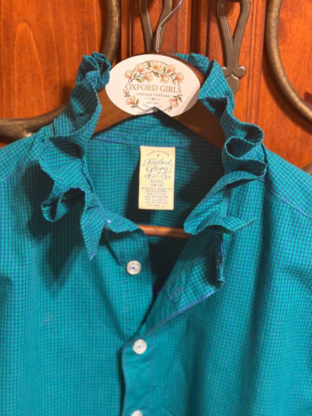 Upcycled Teal Micro-Check Ruffle Collar Blouse | Women’s Size Medium (NWT)